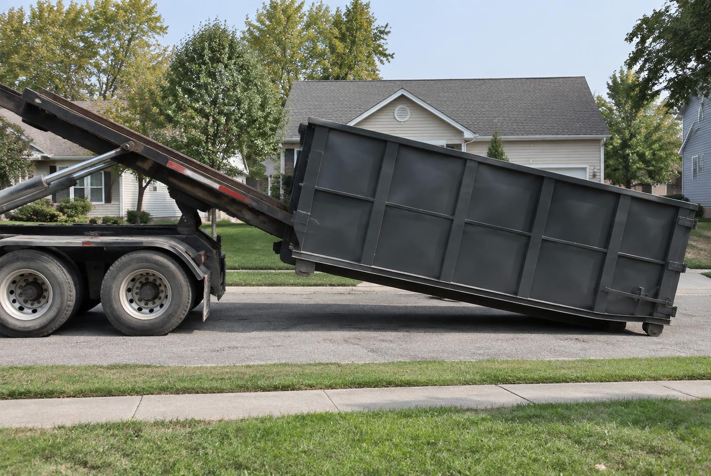 Roll-off truck positioning an empty container in a residential driveway