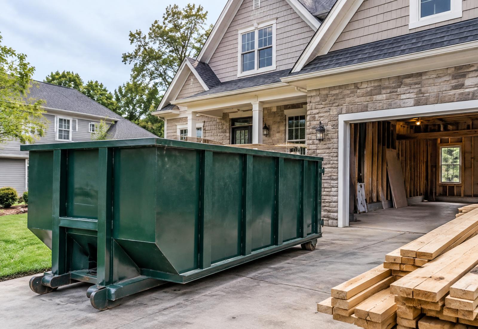 Roll-off dumpster parked on a driveway beside a suburban home under renovation