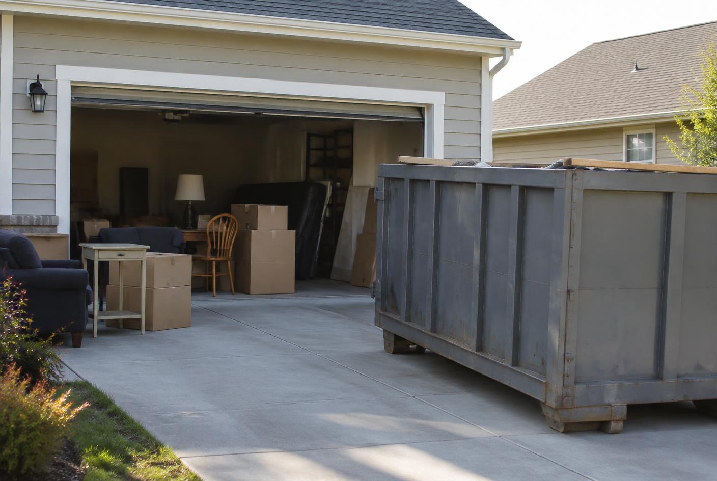Household furniture and boxes in an open garage next to a roll-off dumpster on a suburban driveway